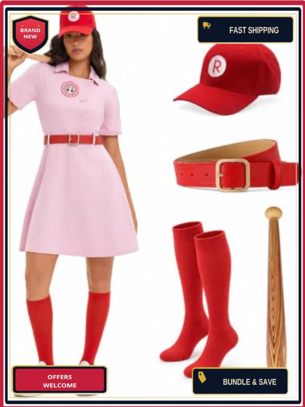 Women's Baseball Costume Dress Belt Cap Socks Set
